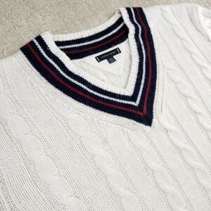 Tommy Hilfiger Sweater Men 3XL Tennis V Neck Cable Knit Chunky Stripe White Wool